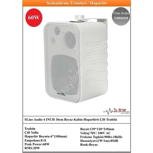 (T-HD4/01B) SLine Audio 4 INCH 10cm Beyaz Kabin Hoparlörü Çift Trafolu
