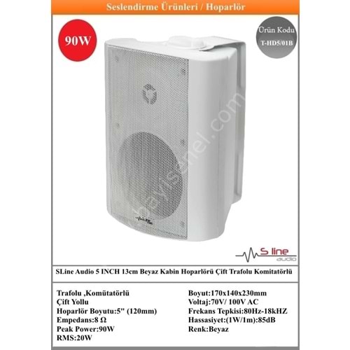 (T-HD5/01B) SLine Audio 5 INCH 13cm Beyaz Kabin Hoparlörü Çift Trafolu Komitatörlü