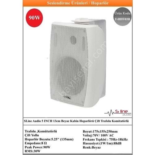 (T-HD5/03B) SLine Audio 5 INCH 13cm Beyaz Kabin Hoparlörü Çift Trafolu Komitatörlü