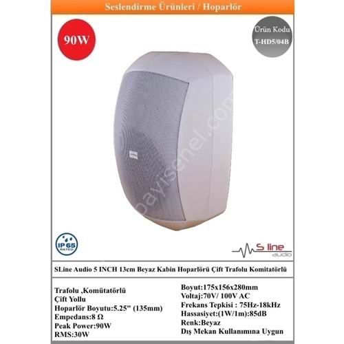 (T-HD5/04B) SLine Audio 5 INCH 13cm Beyaz Kabin Hoparlörü Çift Trafolu Komitatörlü