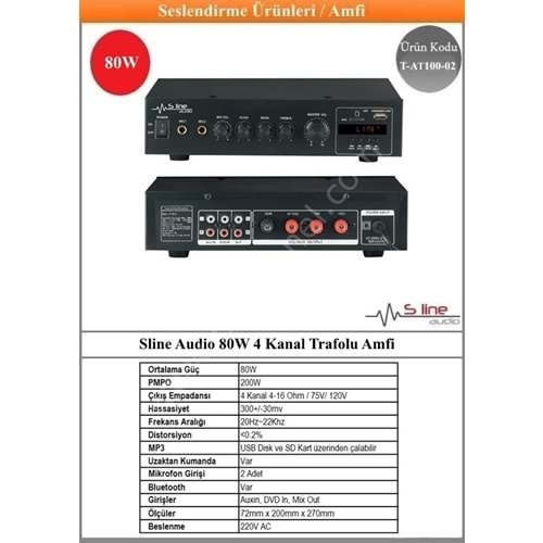 (T-AT100-02) Sline Audio 80W 4 Kanal Trafolu Amfi