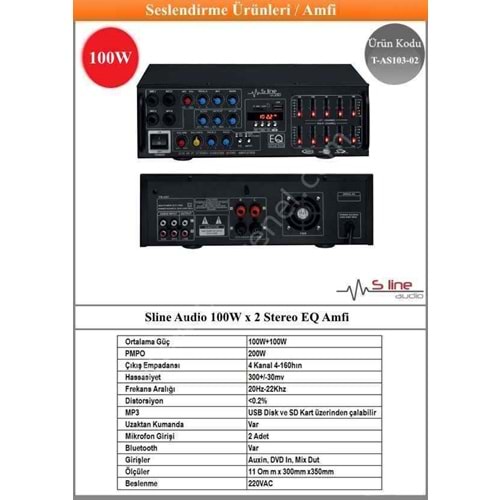 (T-AS103-02) Sline Audio 100W x 2 Stereo EQ Amfi