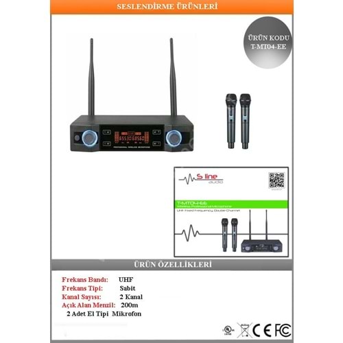 (T-MT04-EE) S-Line Audio Sabit Frekanslı 2 Adet Telsiz El Mikrofonu