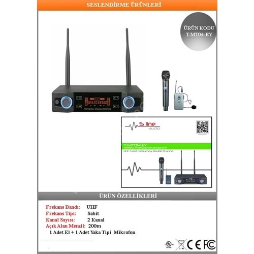 (T-MT04-EY) S-Line Audio Sabit Frekanslı 1 El + 1 Yaka Telsiz Mikrofon